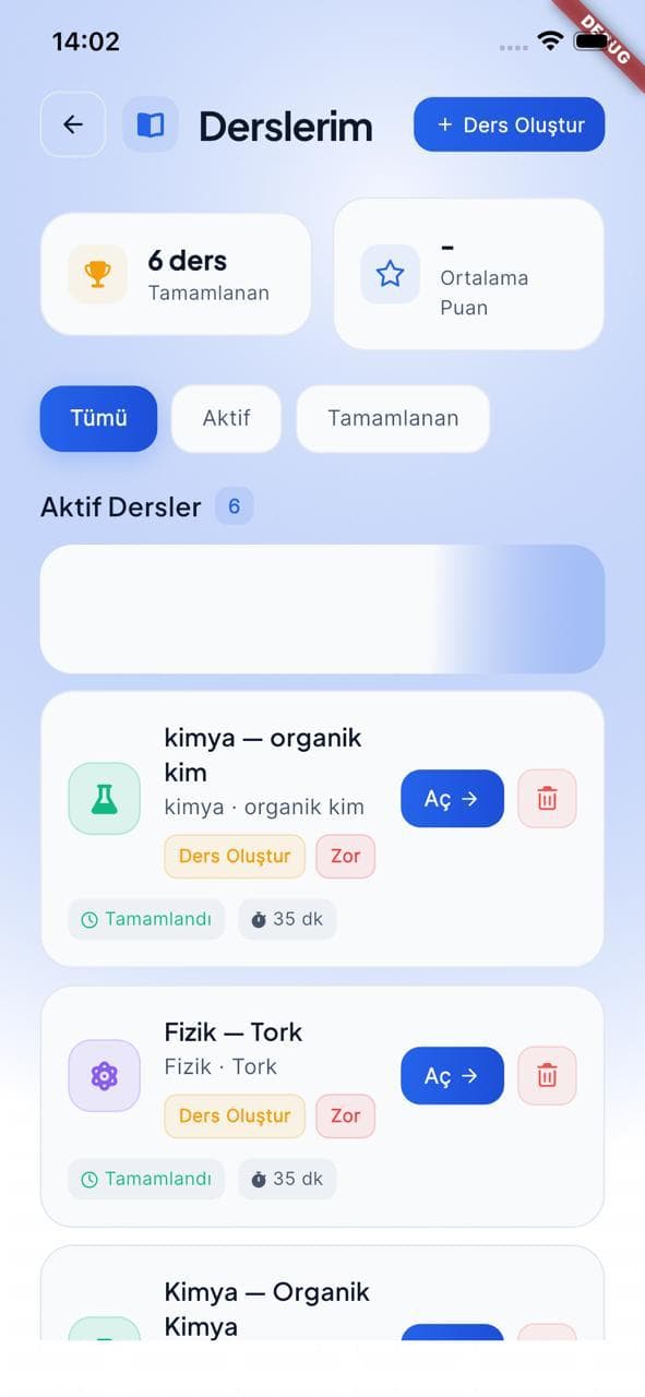 Lessons module — active and completed AI-generated lessons (debug build)